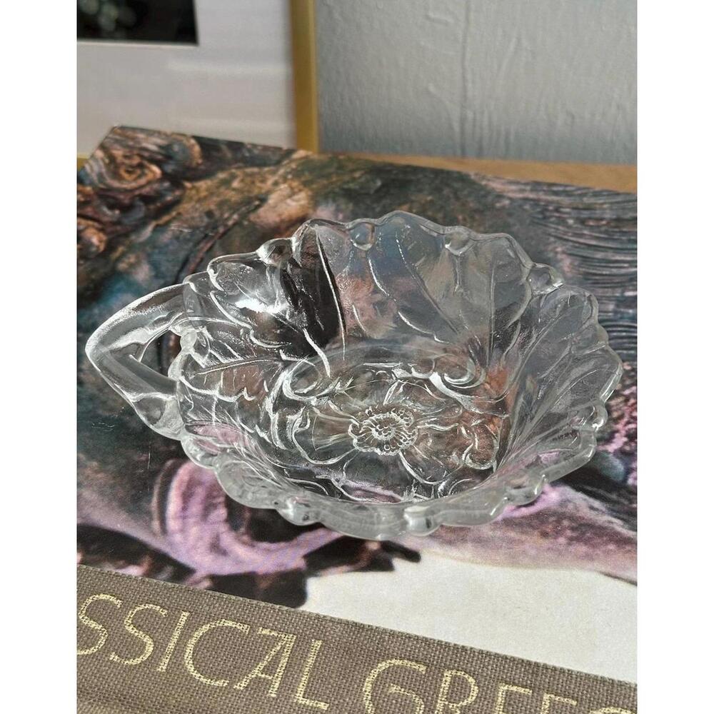 Vintage Indiana Glass Bowl W/ Wild Rose Pattern And Handle - Trinket Dish